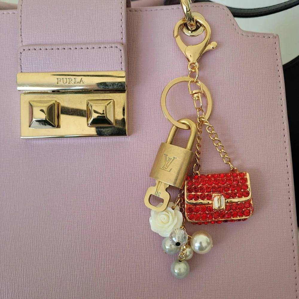 Louis Vuitton Authentic Padlock 311 Key Red Rhinestone Purse Pearl Bag Charm